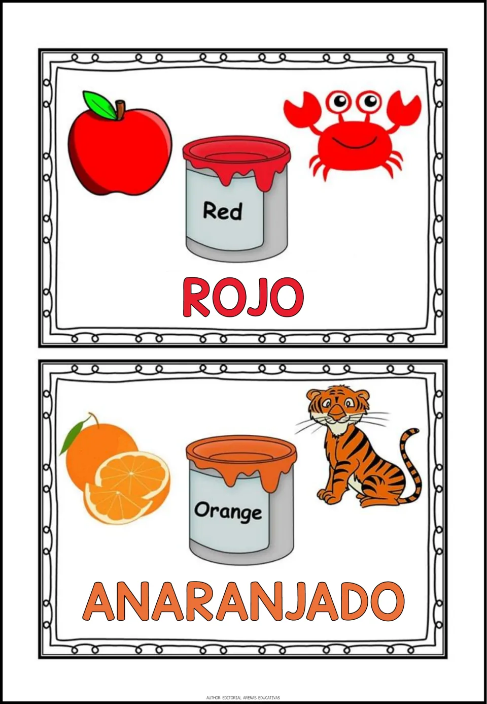Spanish color posters 3–4: rojo (red) with an apple and crab; anaranjado (orange) with an orange and tiger