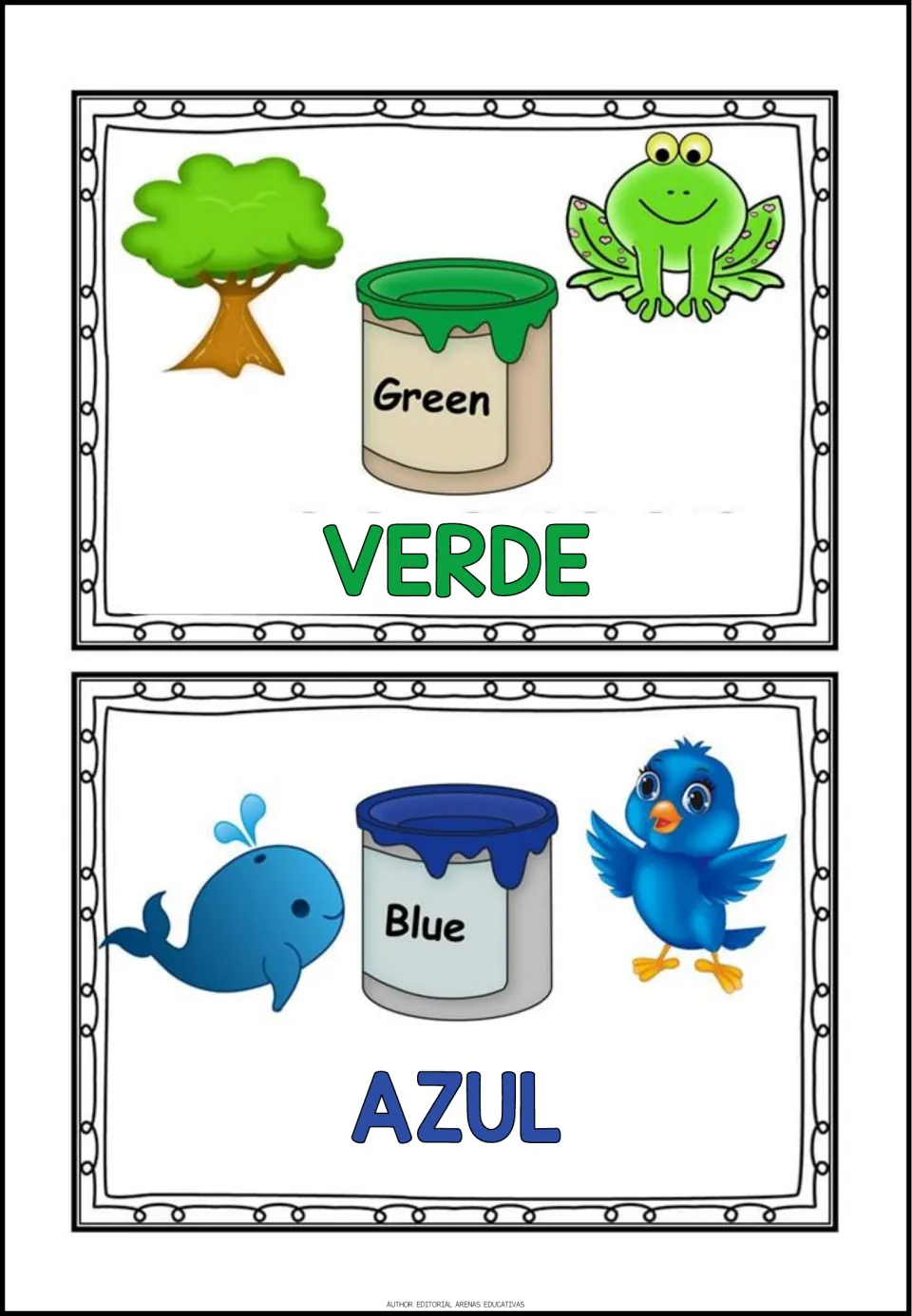 Spanish color posters 5–6: verde (green) with a tree and frog; azul (blue) with a whale and bird