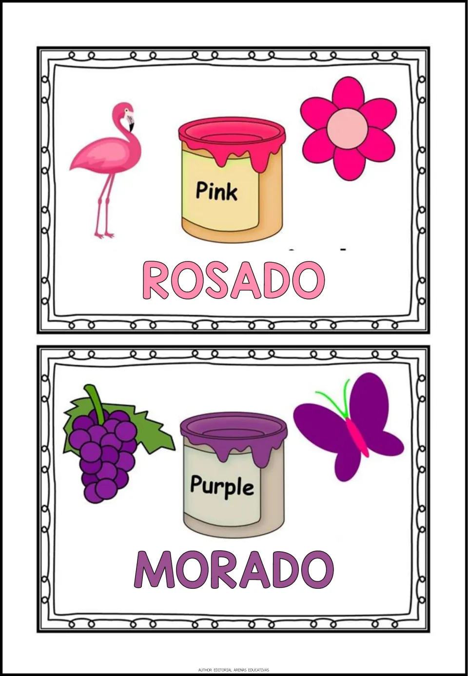 Spanish color posters 7–8: rosado (pink) with a flamingo and flower; morado (purple) with grapes and a butterfly