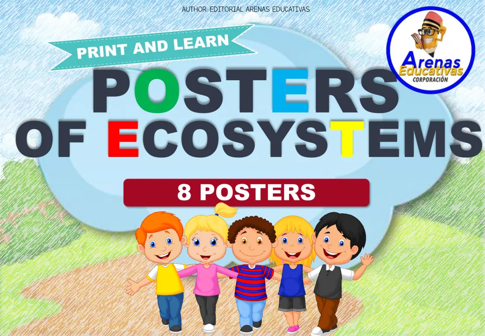 Cover: Posters of Ecosystems, 8 print-and-learn posters by Editorial Arenas Educativas, with five cartoon children waving