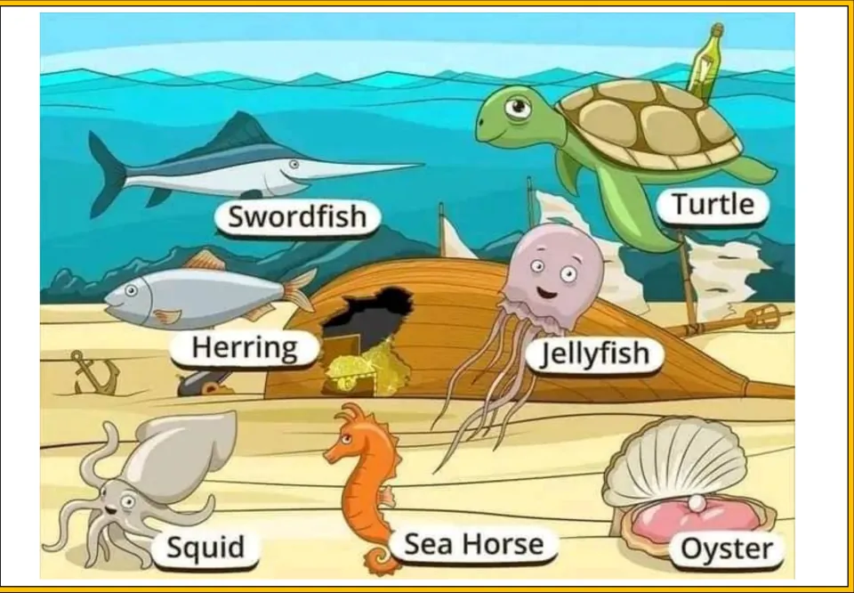 Ocean poster naming sea life: swordfish, turtle, herring, jellyfish, squid, sea horse and oyster around a shipwreck
