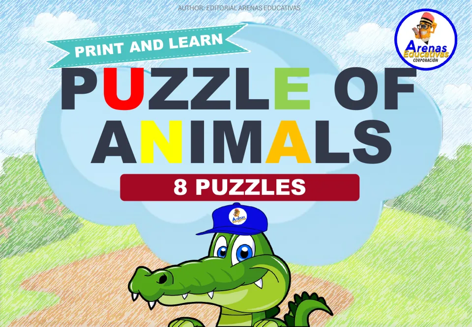 Cover of the Spanish animal puzzle resource, headed 'Puzzle of Animals,' '8 Puzzles,' and 'Print and Learn'