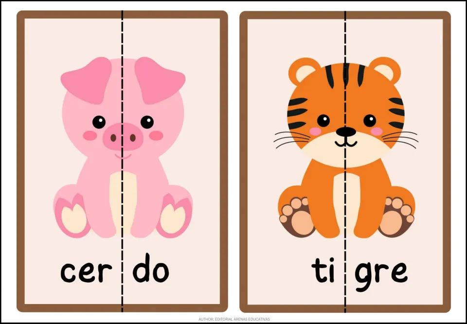 Animal puzzles 1–2: cerdo (pig) and tigre (tiger), each pairing an animal picture with a word split in two