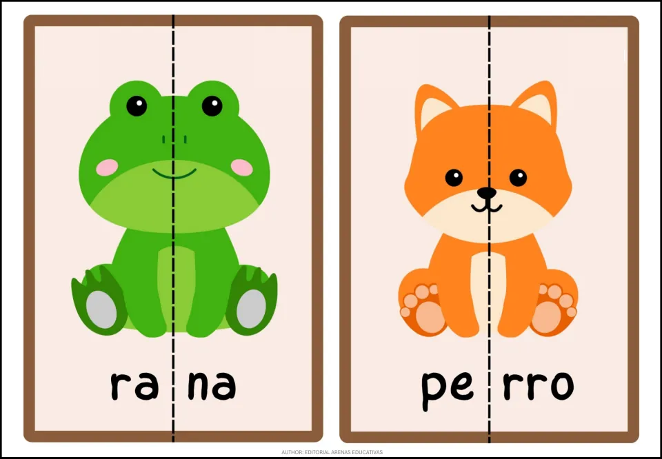 Animal puzzles 3–4: rana (frog) and perro (dog), each pairing an animal picture with a word split in two