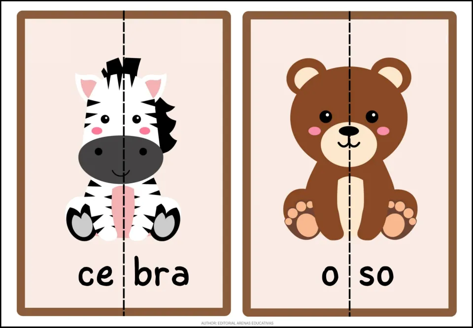 Animal puzzles 5–6: cebra (zebra) and oso (bear), each pairing an animal picture with a word split in two