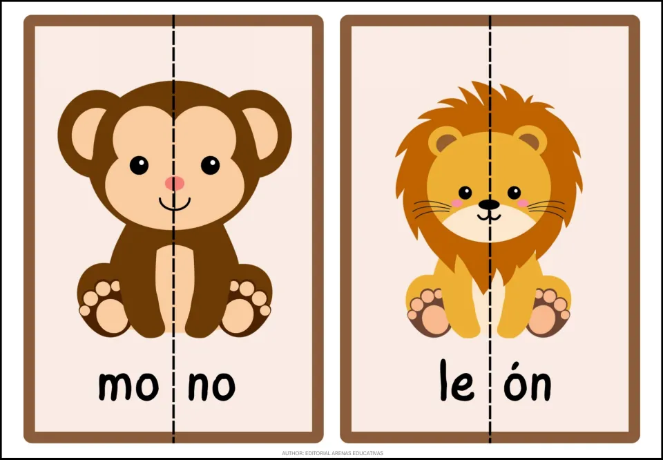 Animal puzzles 7–8: mono (monkey) and león (lion), each pairing an animal picture with a word split in two