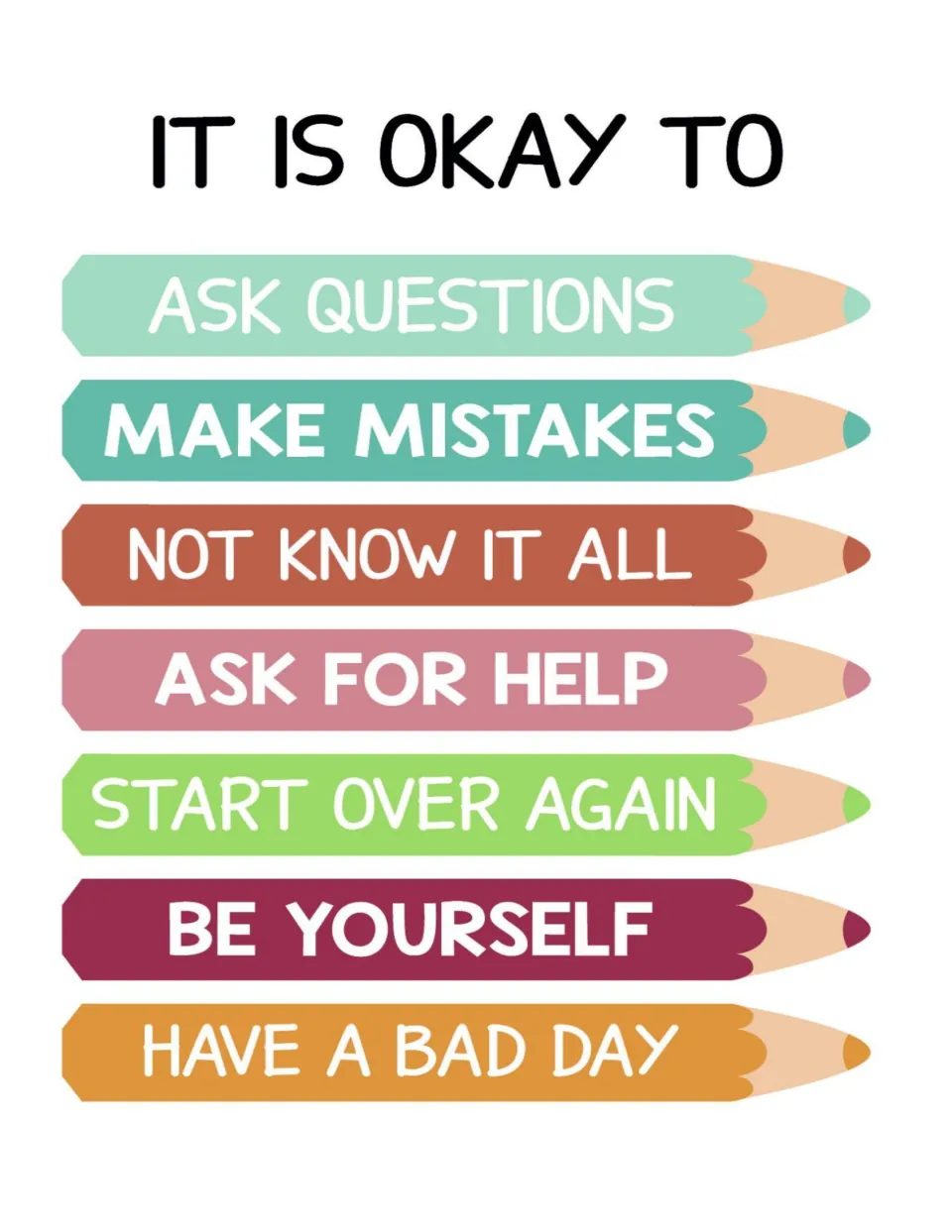 It Is Okay To SEL poster lists asking questions, making mistakes, asking for help, and four more reminders