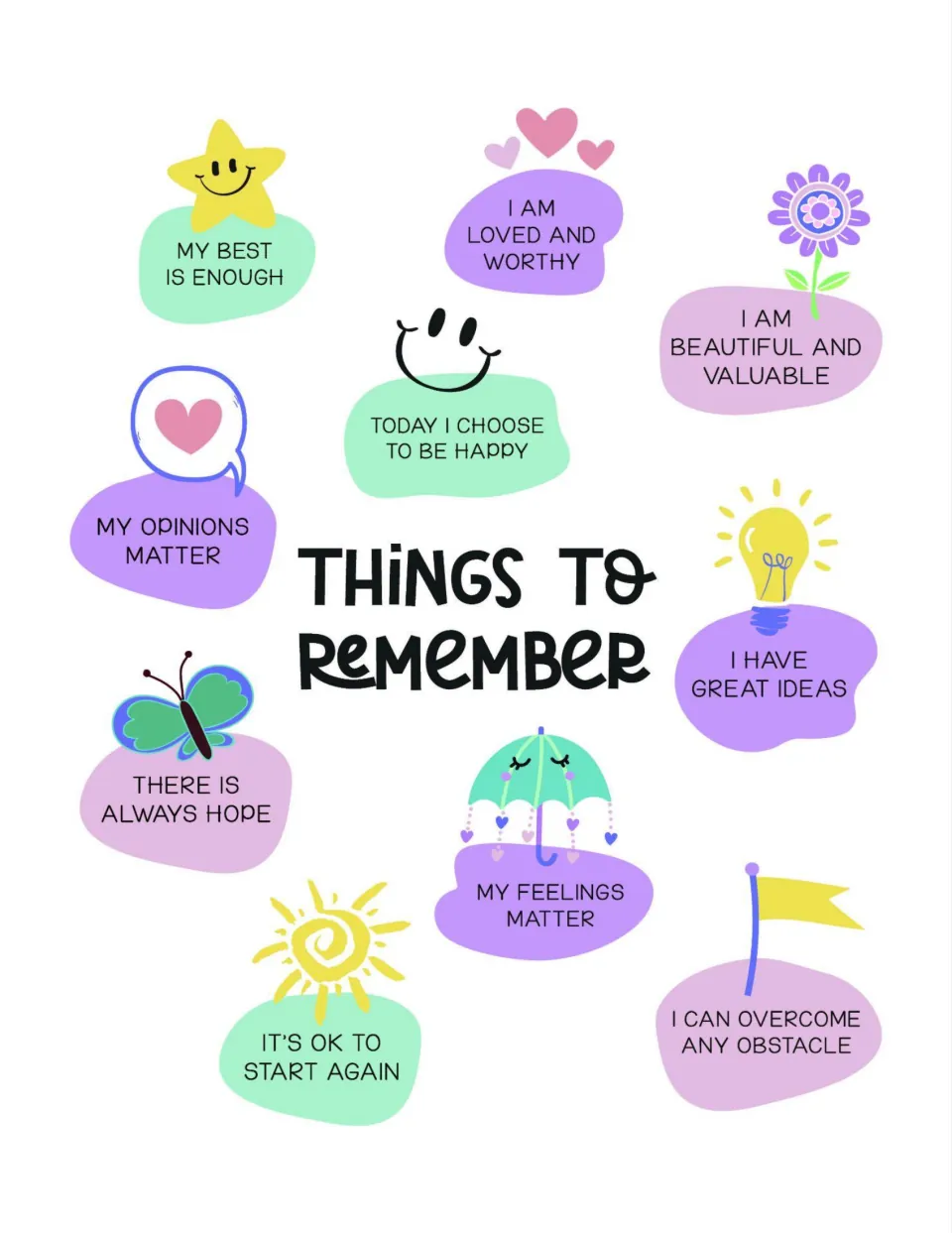 Things to Remember SEL poster shares ten affirmations, including “My feelings matter” and “My best is enough”