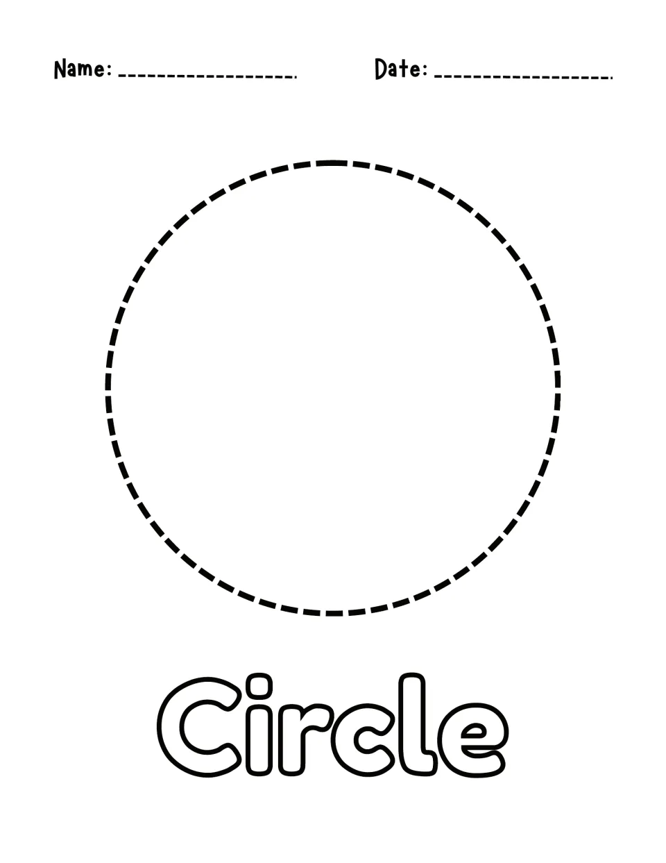 Circle shape tracing: students trace a large dashed circle and color in the bubble-letter word Circle beneath it
