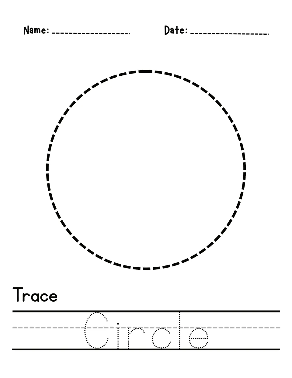 Circle tracing and word practice: students trace a dashed circle, then trace the dotted letters of Circle under Trace