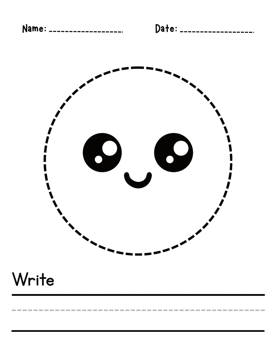 Circle with a smiling face: students trace the dashed circle and write the shape name on their own under Write