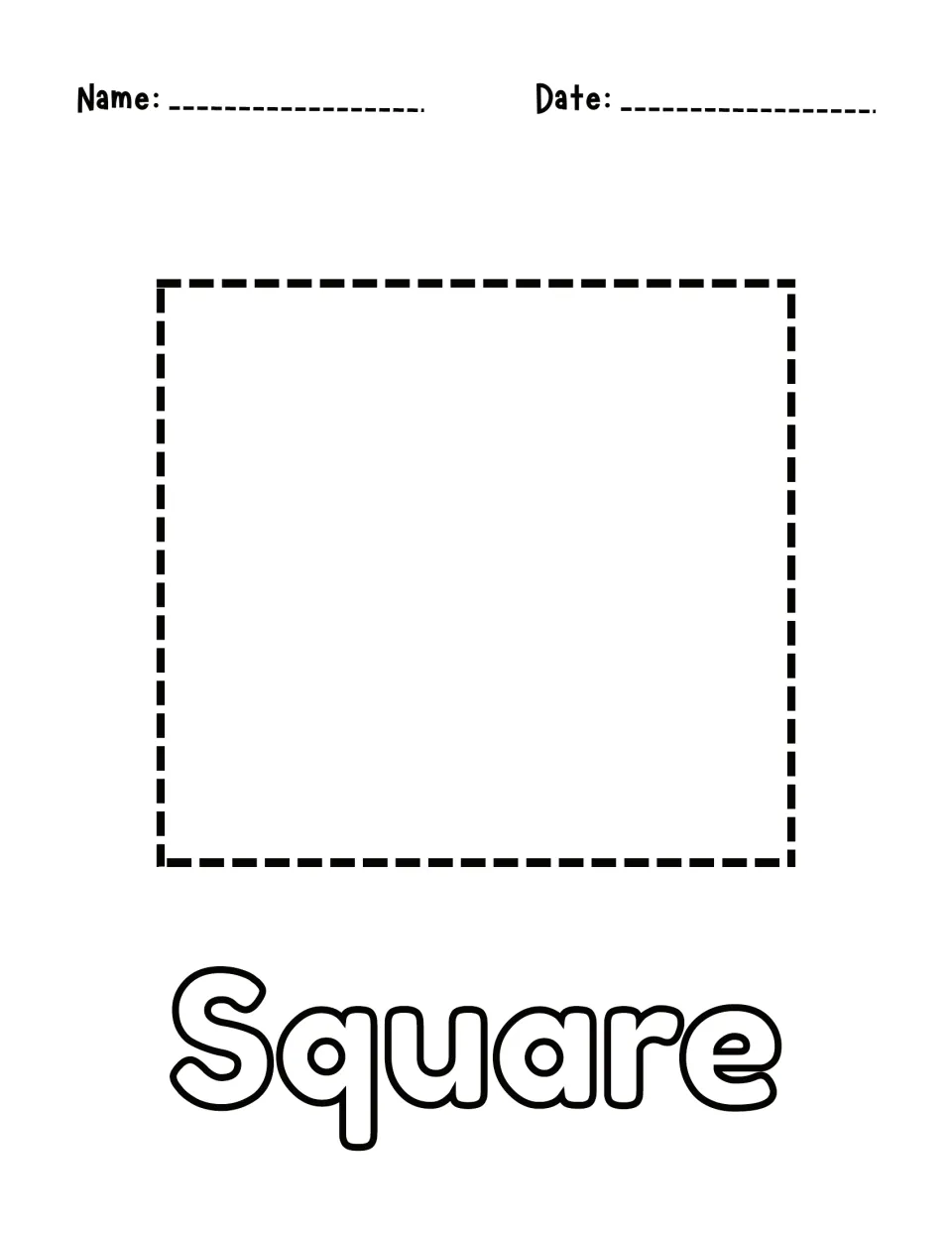 Square shape tracing: students trace a large dashed square and color in the bubble-letter word Square below it