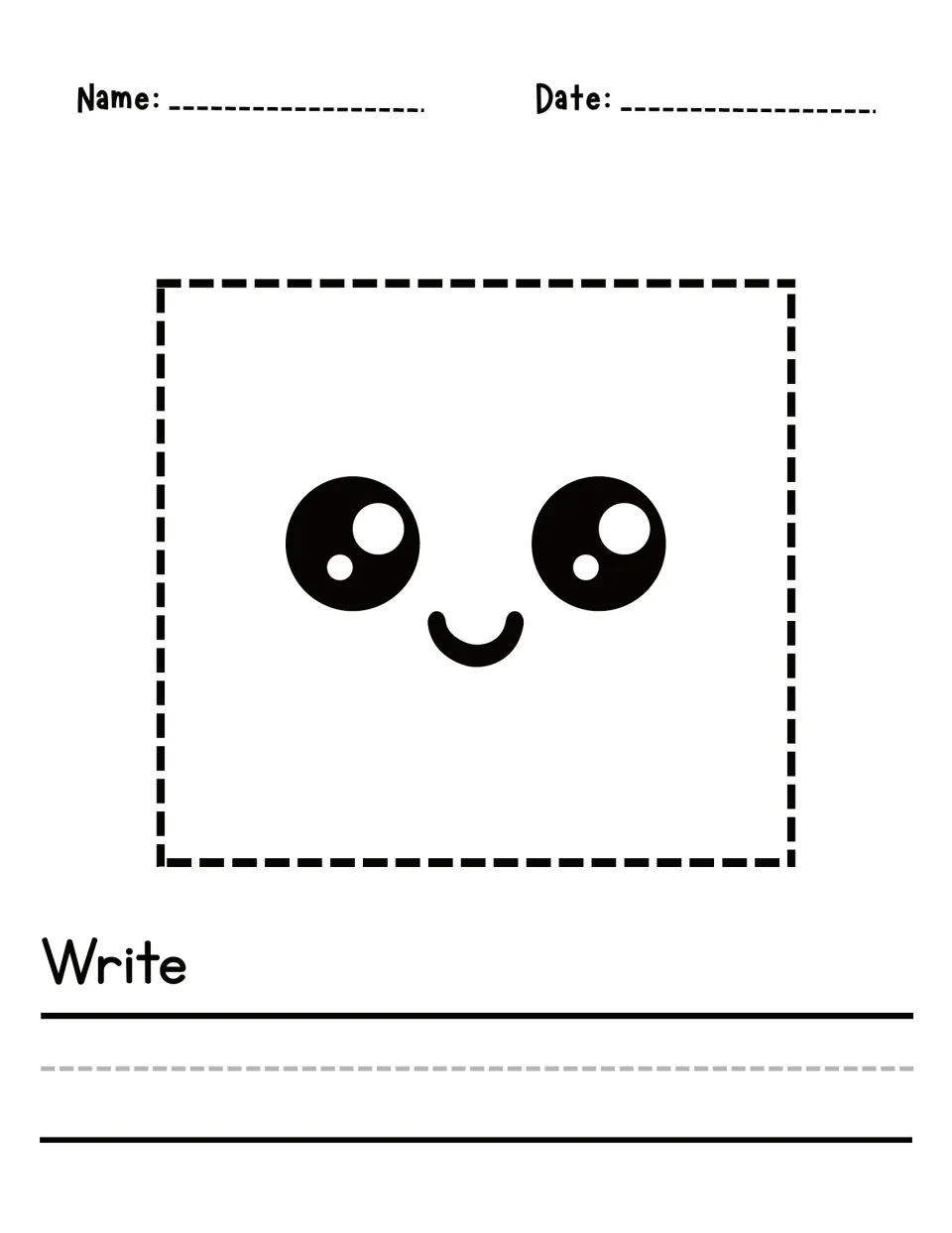 Square with a smiling face: students trace the dashed square, then write the word square independently under Write