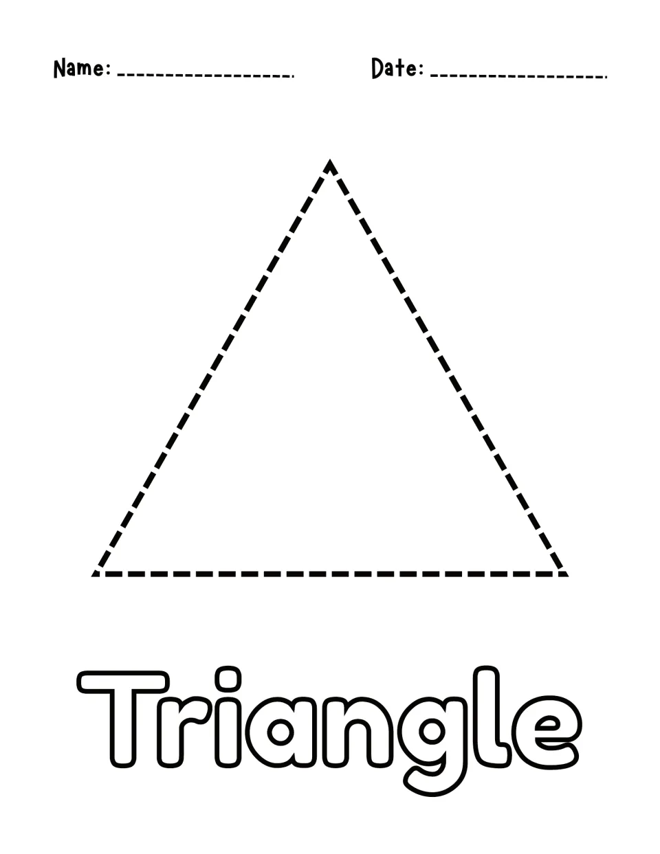 Triangle shape tracing: students trace a large dashed triangle and color in the bubble-letter word Triangle below