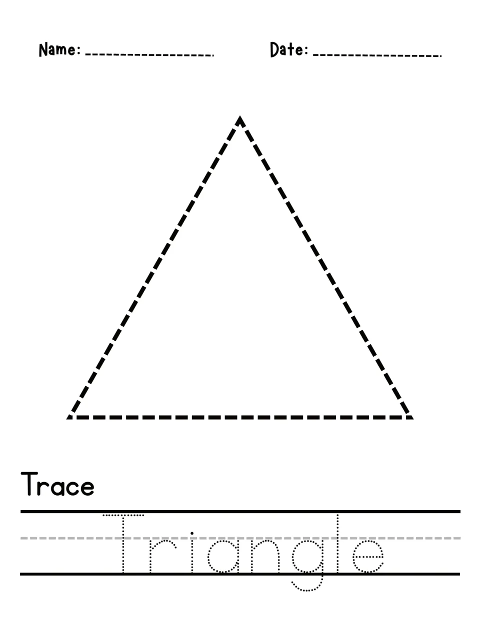 Triangle tracing and word practice: students trace a dashed triangle, then trace the dotted letters of Triangle