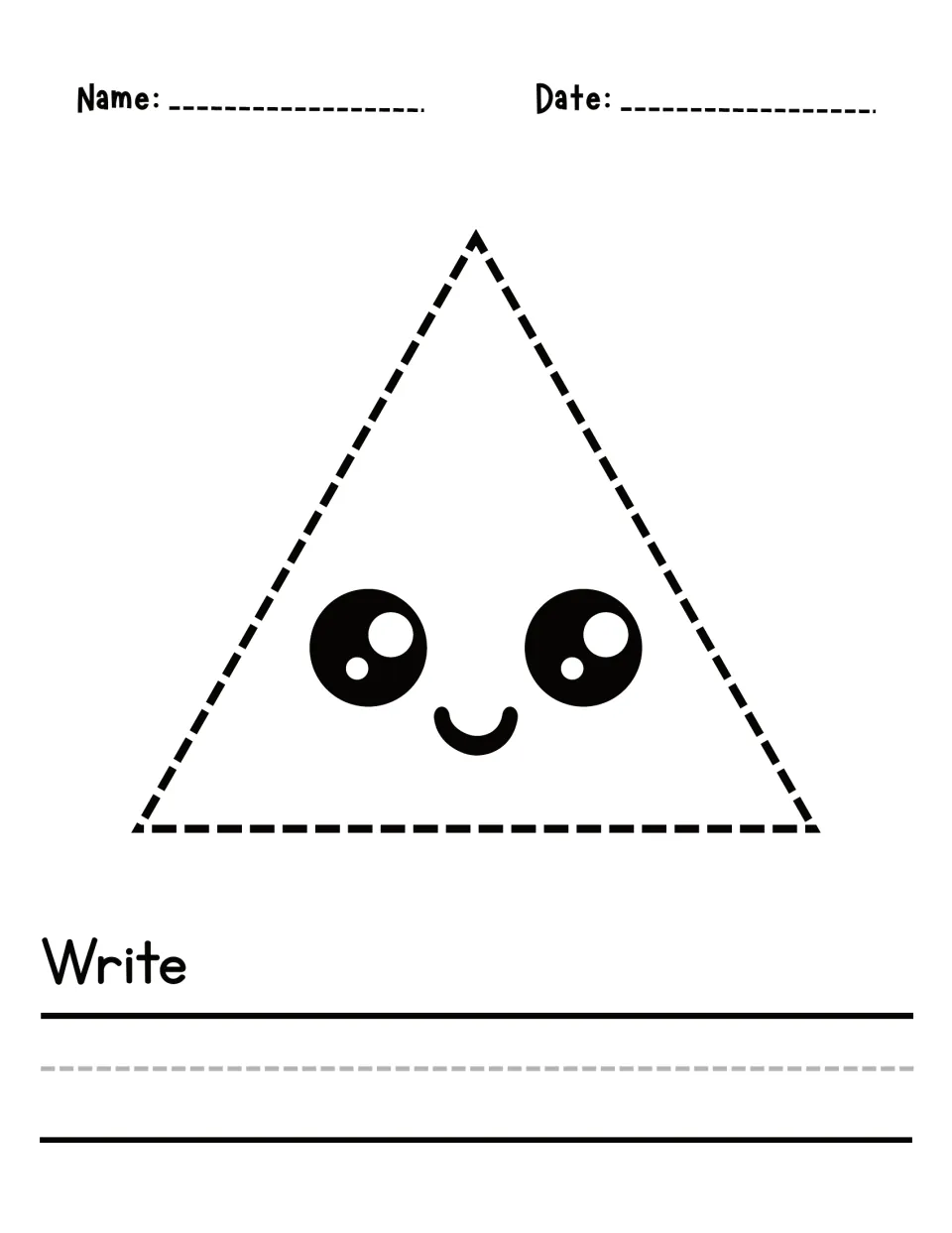 Triangle with a smiling face: students trace the dashed triangle and write the word triangle on their own under Write