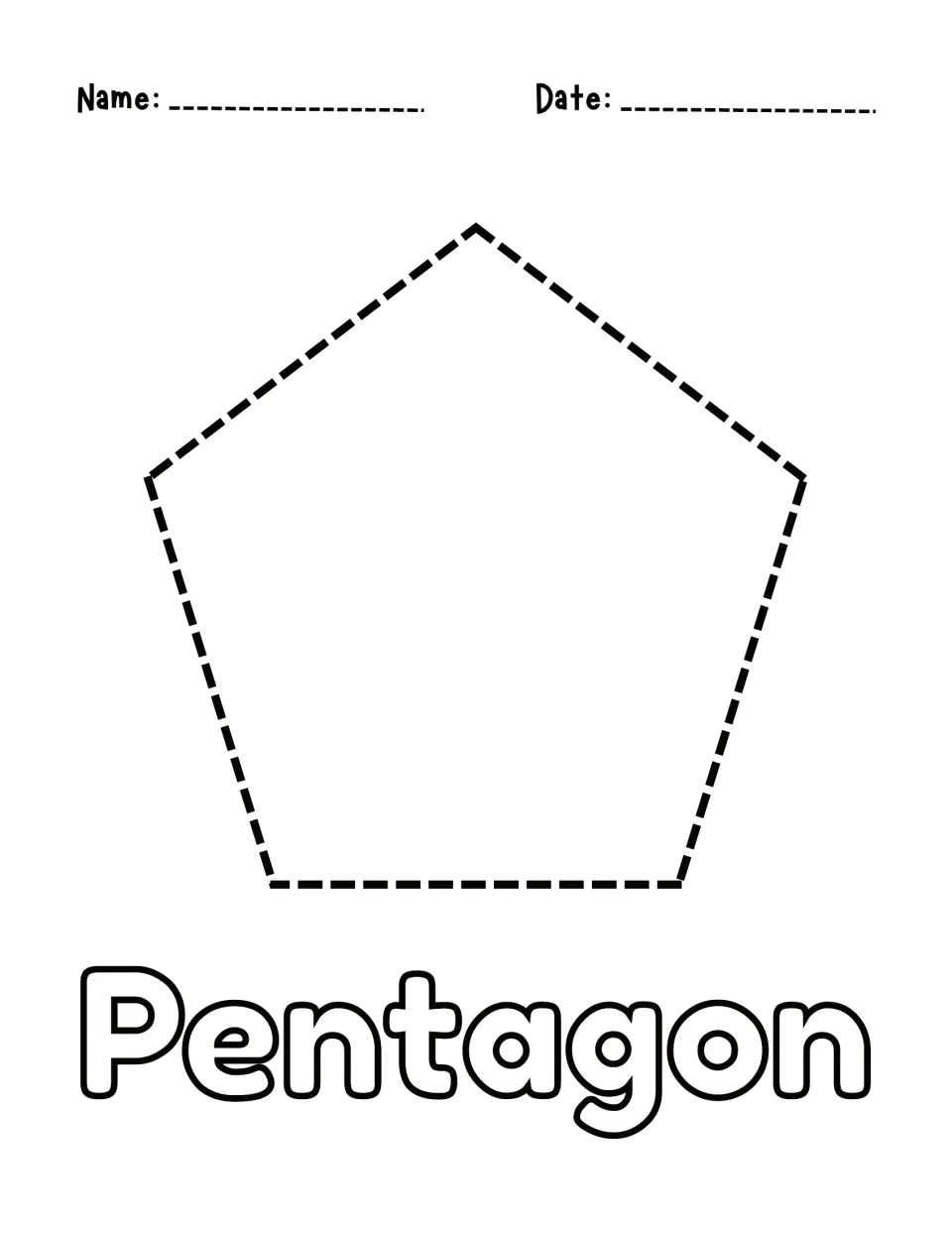Pentagon shape tracing: students trace a large dashed five-sided pentagon and color in the bubble-letter word Pentagon