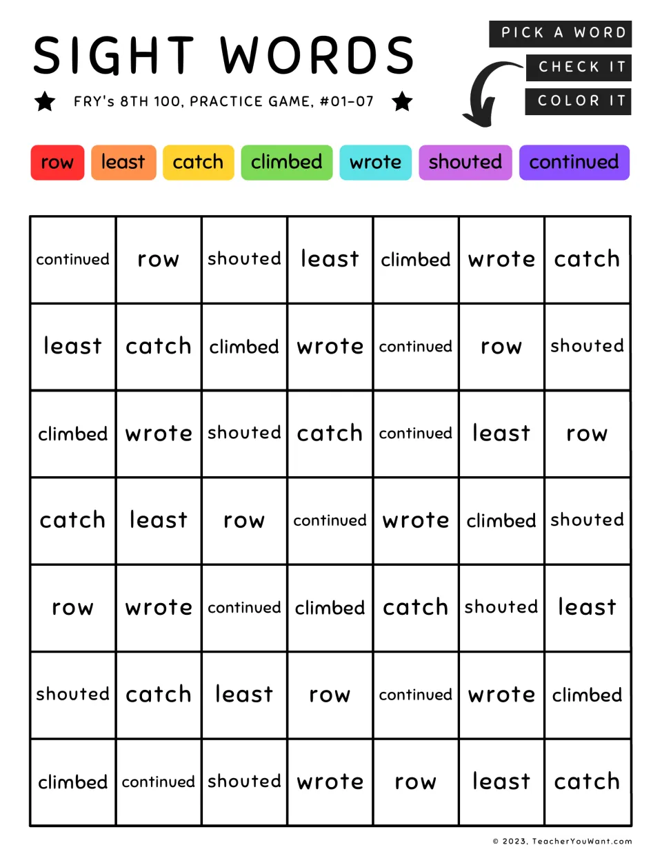 Color-by-sight-word practice 1–7: row, least, catch, climbed, wrote, shouted, and continued.