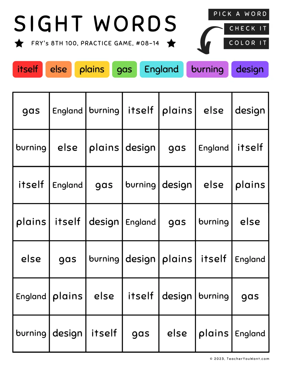 Color-by-sight-word practice 8–14: itself, else, plains, gas, England, burning, and design.
