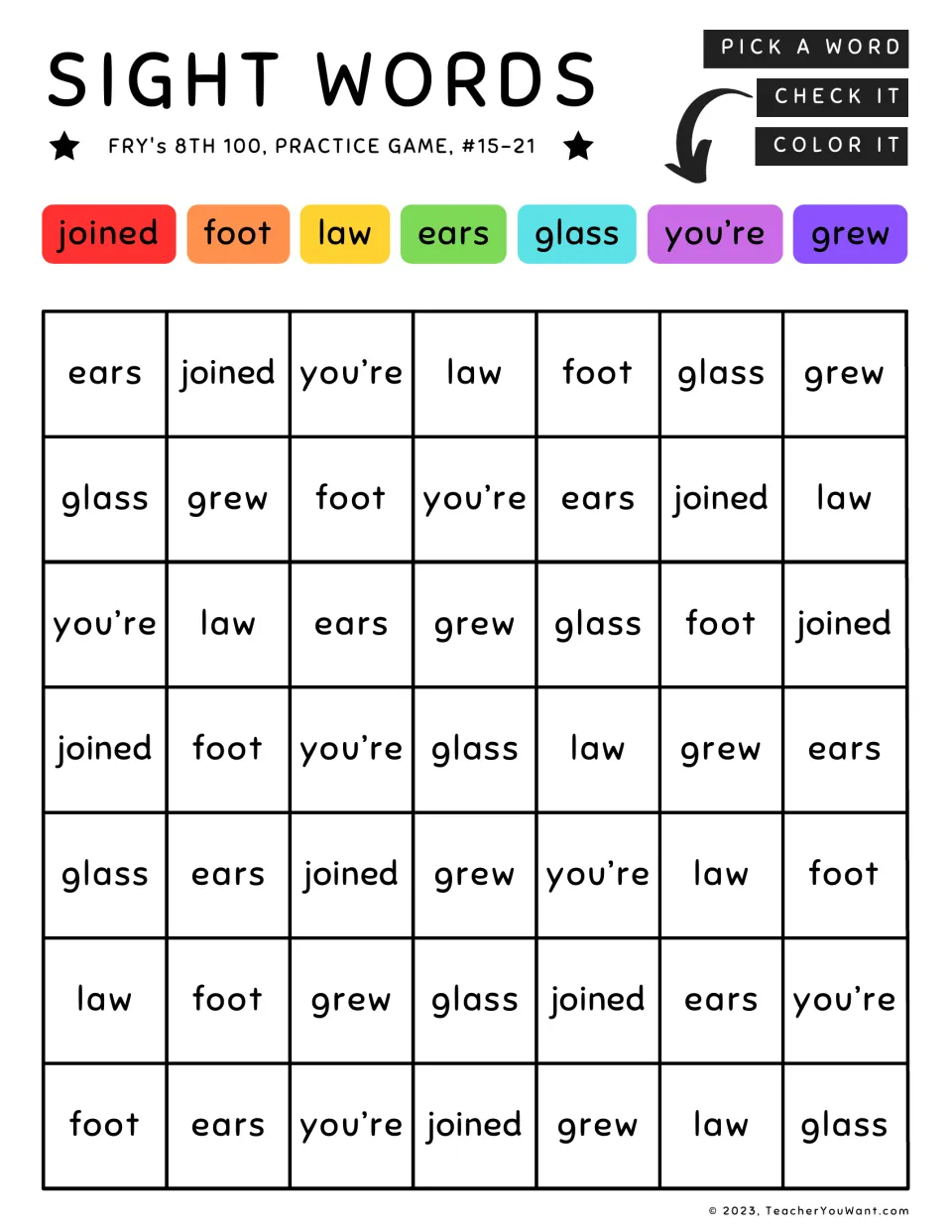 Color-by-sight-word practice 15–21: joined, foot, law, ears, glass, you’re, and grew.