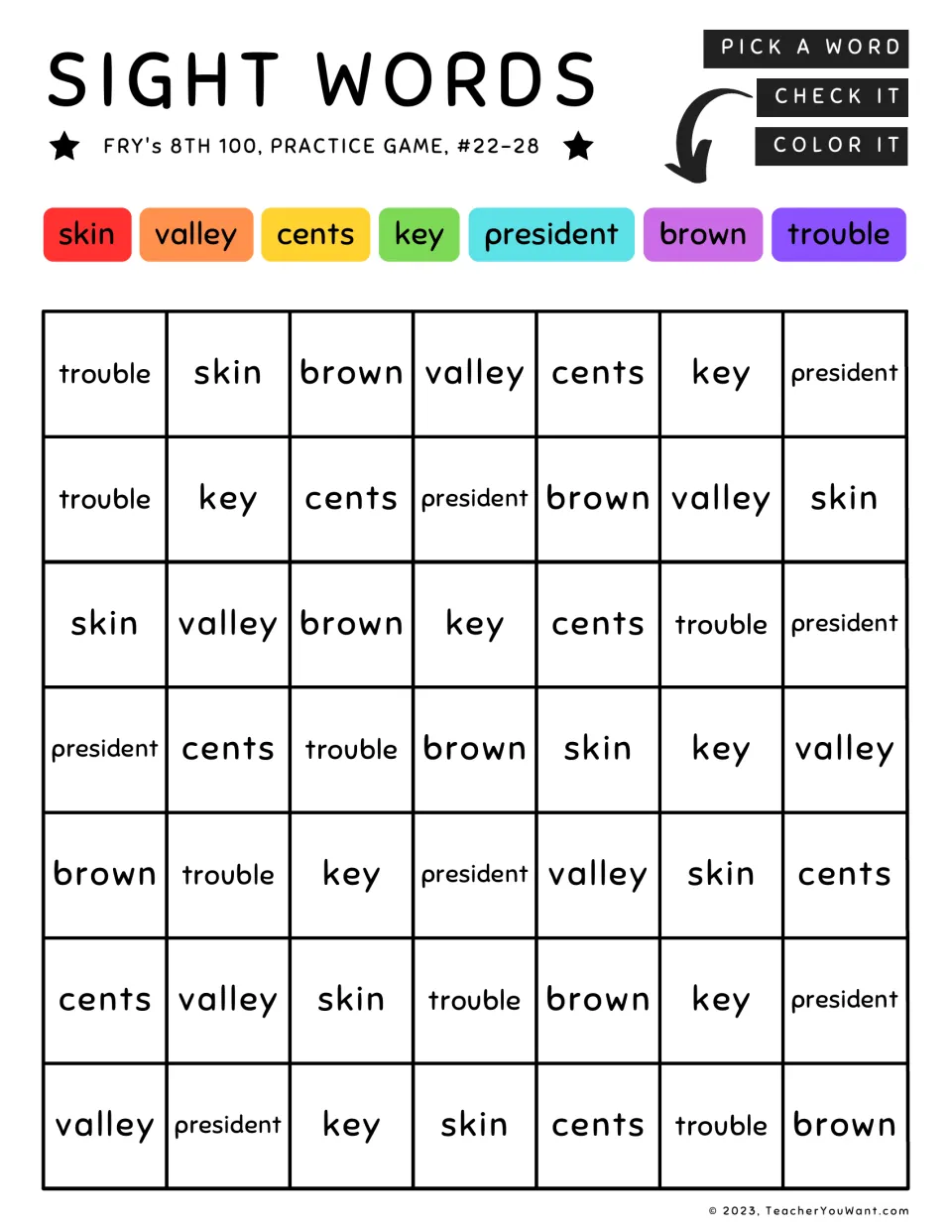 Color-by-sight-word practice 22–28: skin, valley, cents, key, president, brown, and trouble.