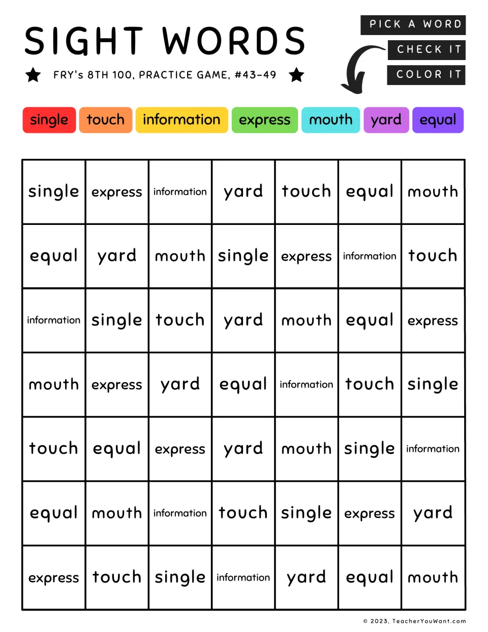 Color-by-sight-word practice 43–49: single, touch, information, express, mouth, yard, and equal.