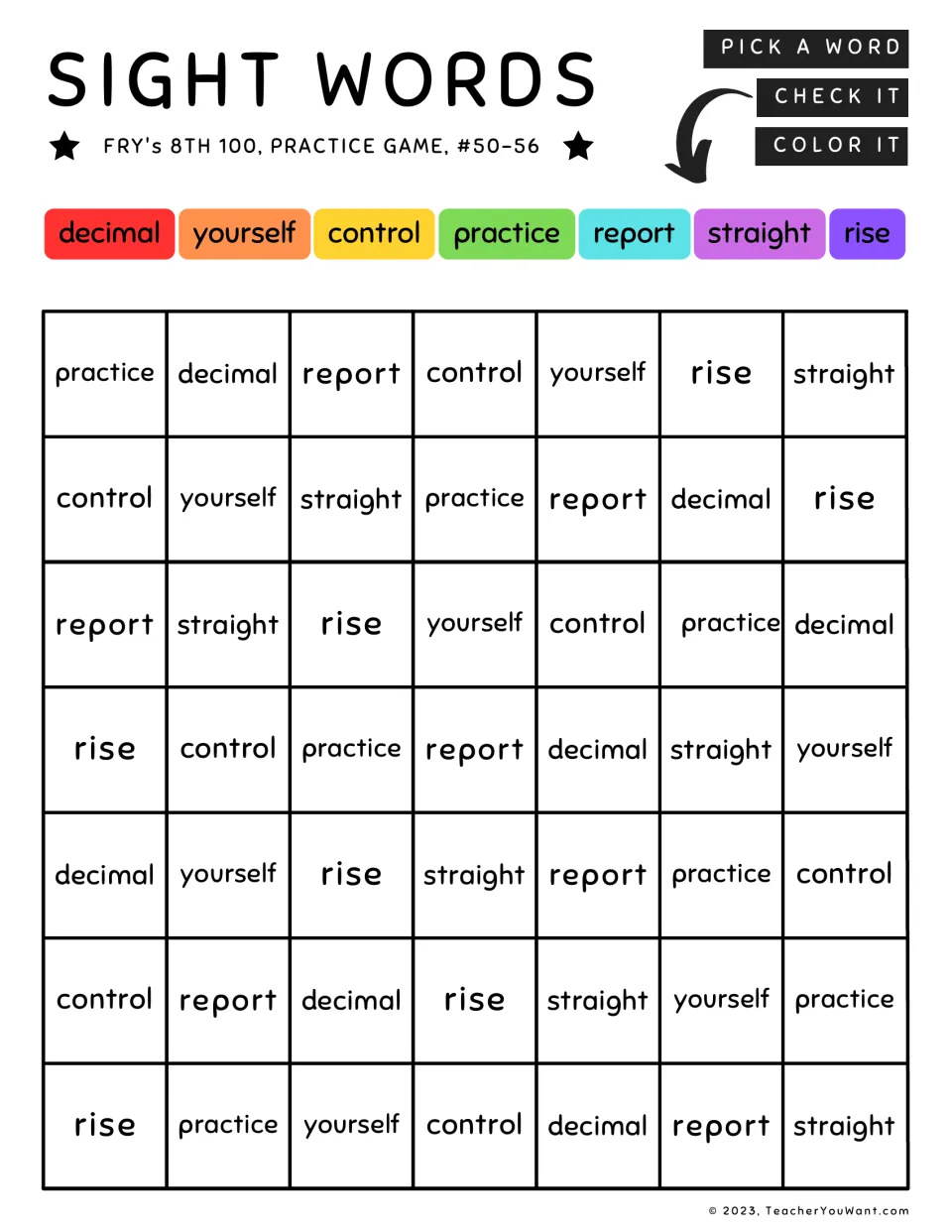 Color-by-sight-word practice 50–56: decimal, yourself, control, practice, report, straight, and rise.