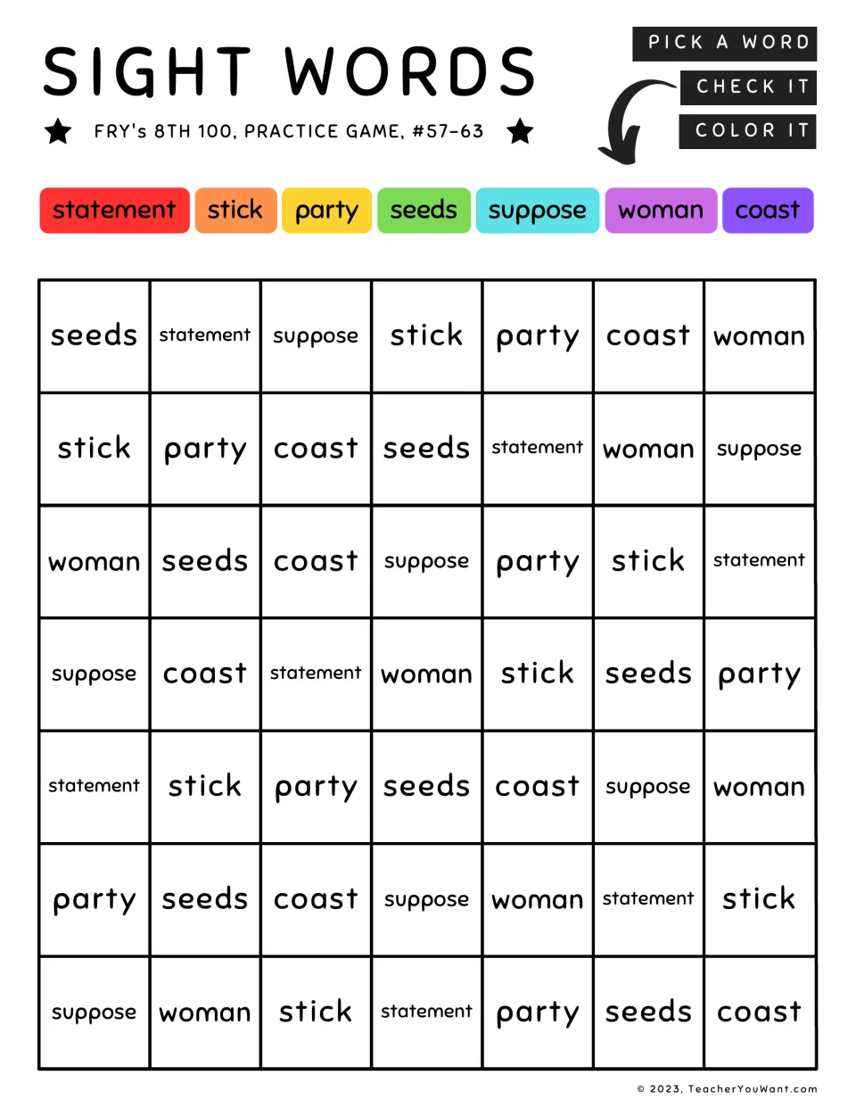 Color-by-sight-word practice 57–63: statement, stick, party, seeds, suppose, woman, and coast.