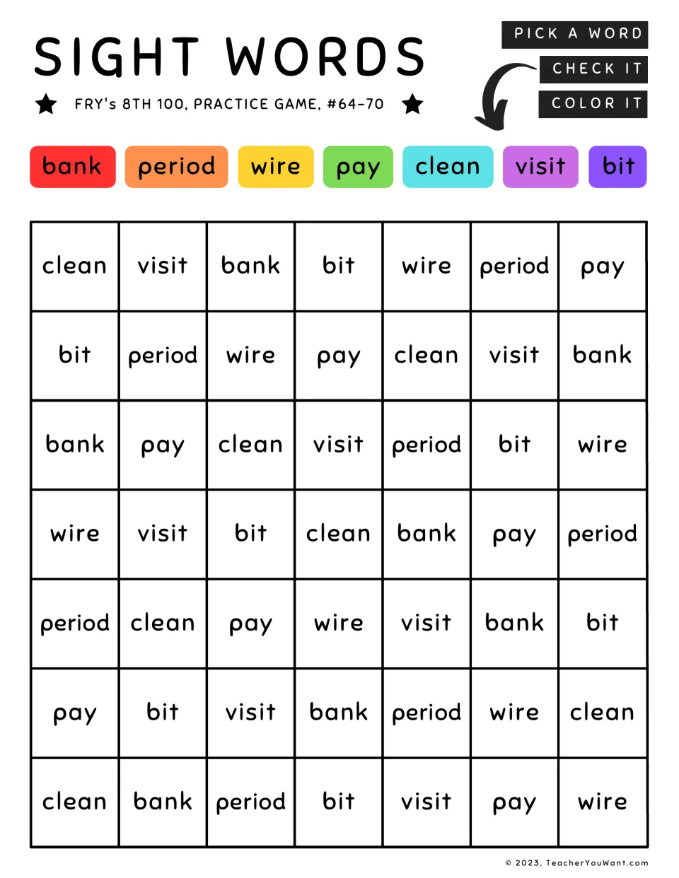 Color-by-sight-word practice 64–70: bank, period, wire, pay, clean, visit, and bit.