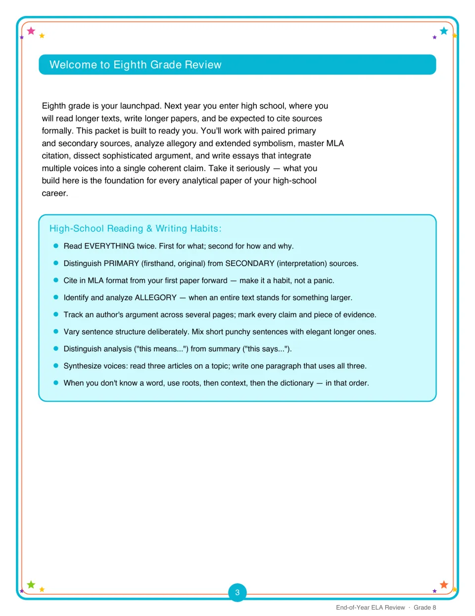 Welcome to Eighth Grade Review: intro letter and nine high-school reading and writing habits, from MLA to synthesis