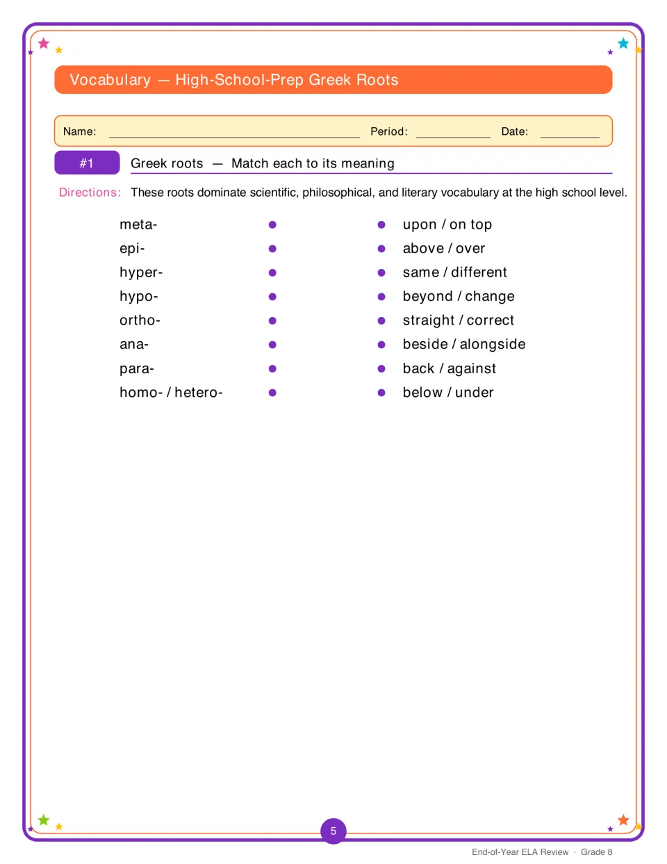 Greek roots matching: students connect meta-, epi-, hyper-, hypo-, ortho-, ana-, para- and homo-/hetero- to meanings
