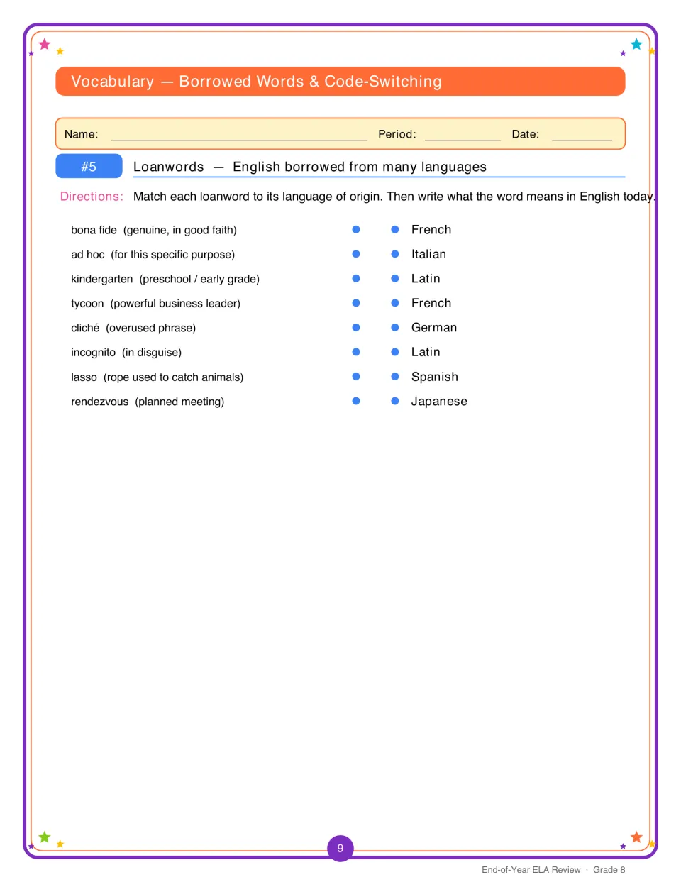 Loanwords matching: students link bona fide, tycoon, lasso and rendezvous to languages of origin and define each