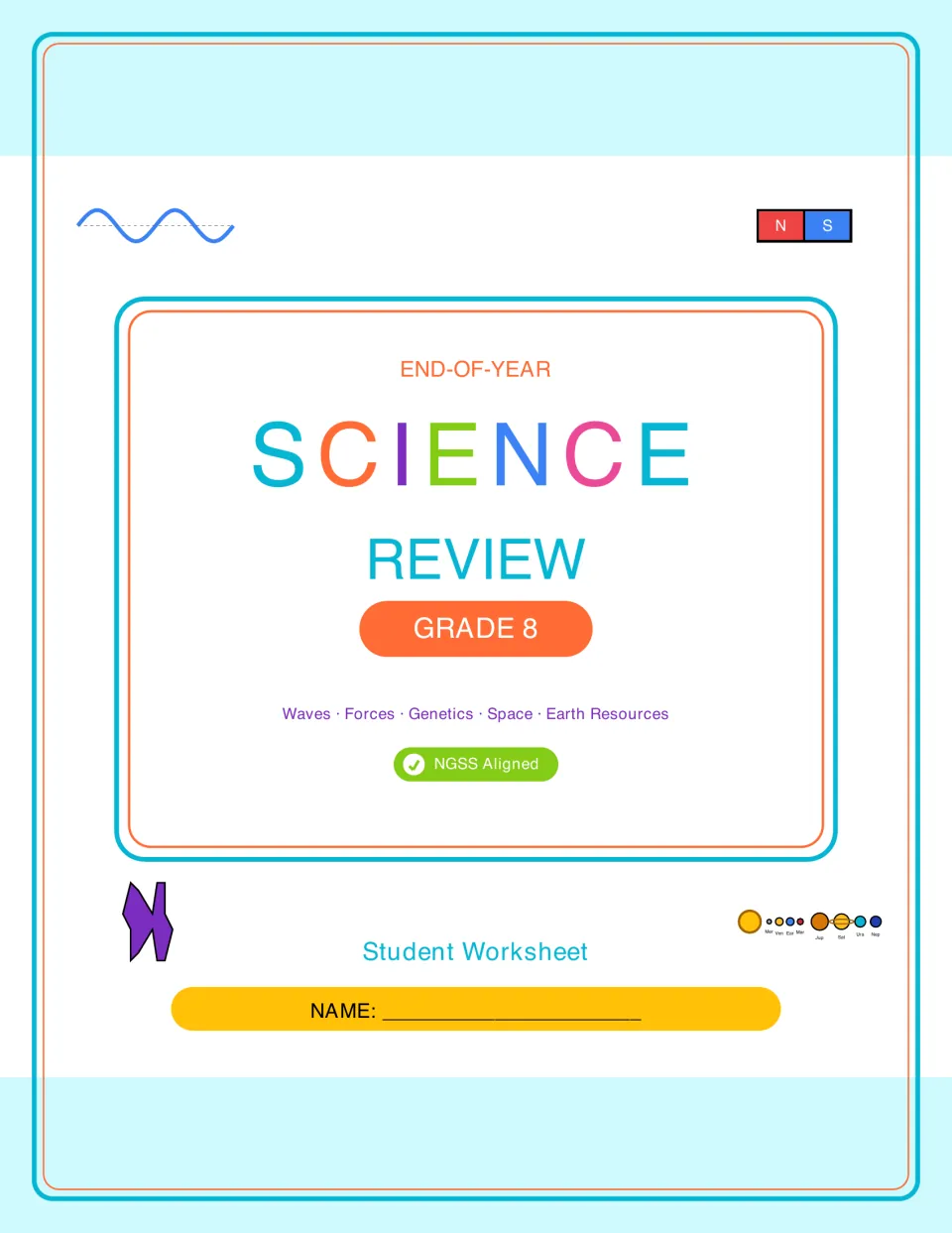 End-of-Year Science Review Grade 8 student worksheet cover listing waves, forces, genetics, space and Earth resources