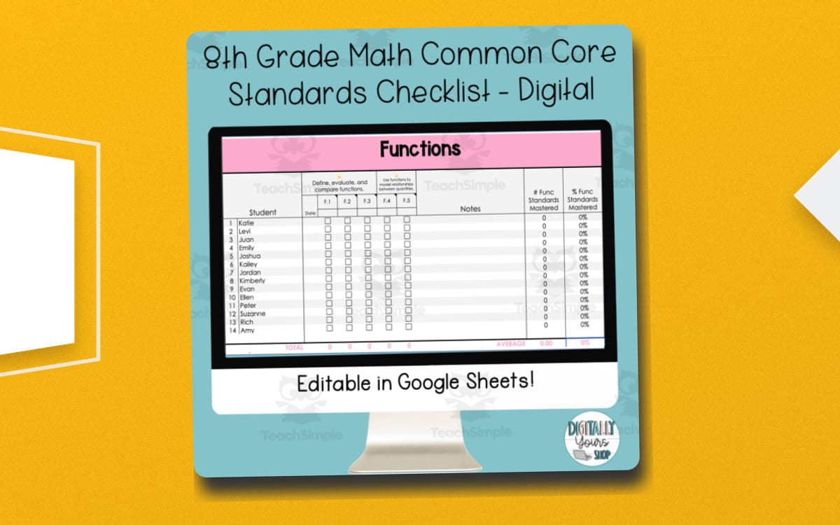 8th Grade Math Common Core State Standards Checklist - Digital preview