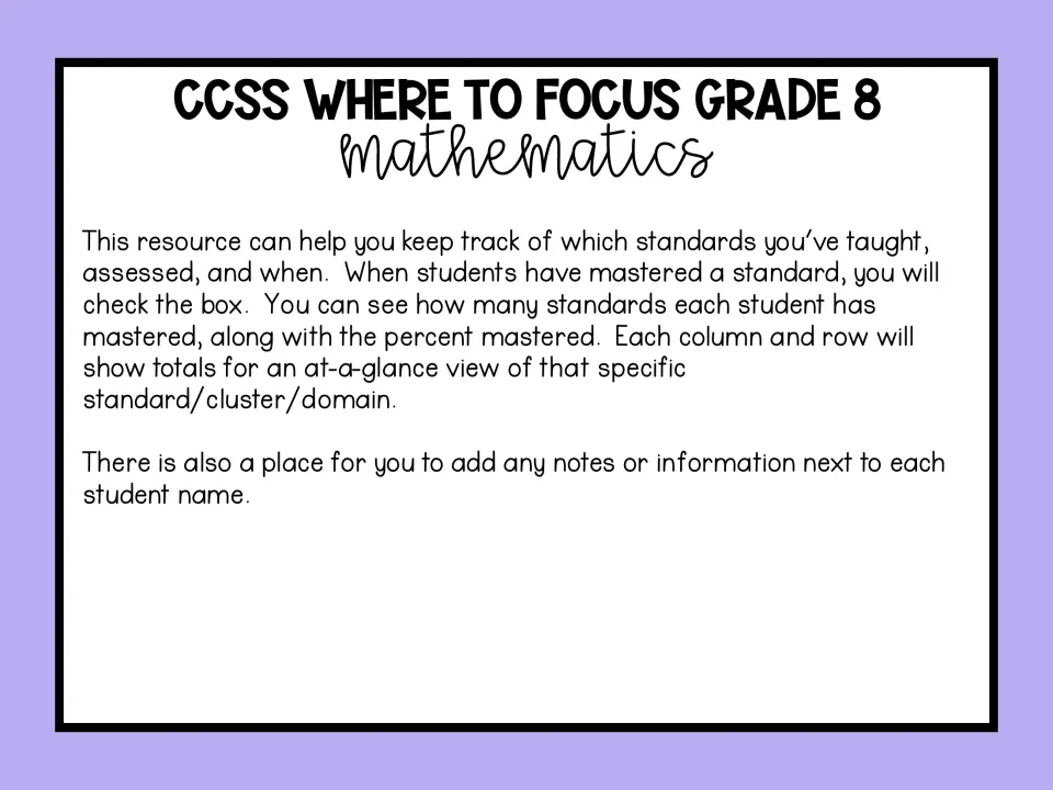 Checklist directions: check a box when a student masters a standard to see counts, percent mastered and totals