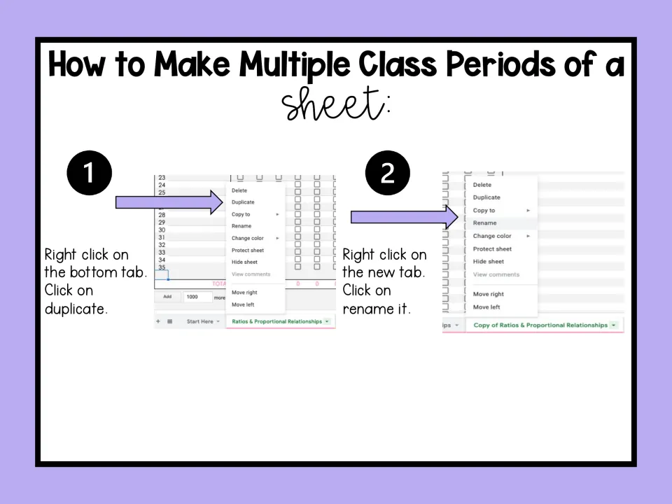 Spreadsheet how-to: right-click the bottom tab, duplicate it, then rename the copy to make a sheet for each class period
