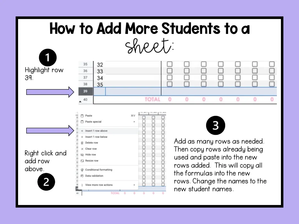 Spreadsheet how-to for adding students: highlight row 39, insert rows above, then paste existing rows to copy formulas