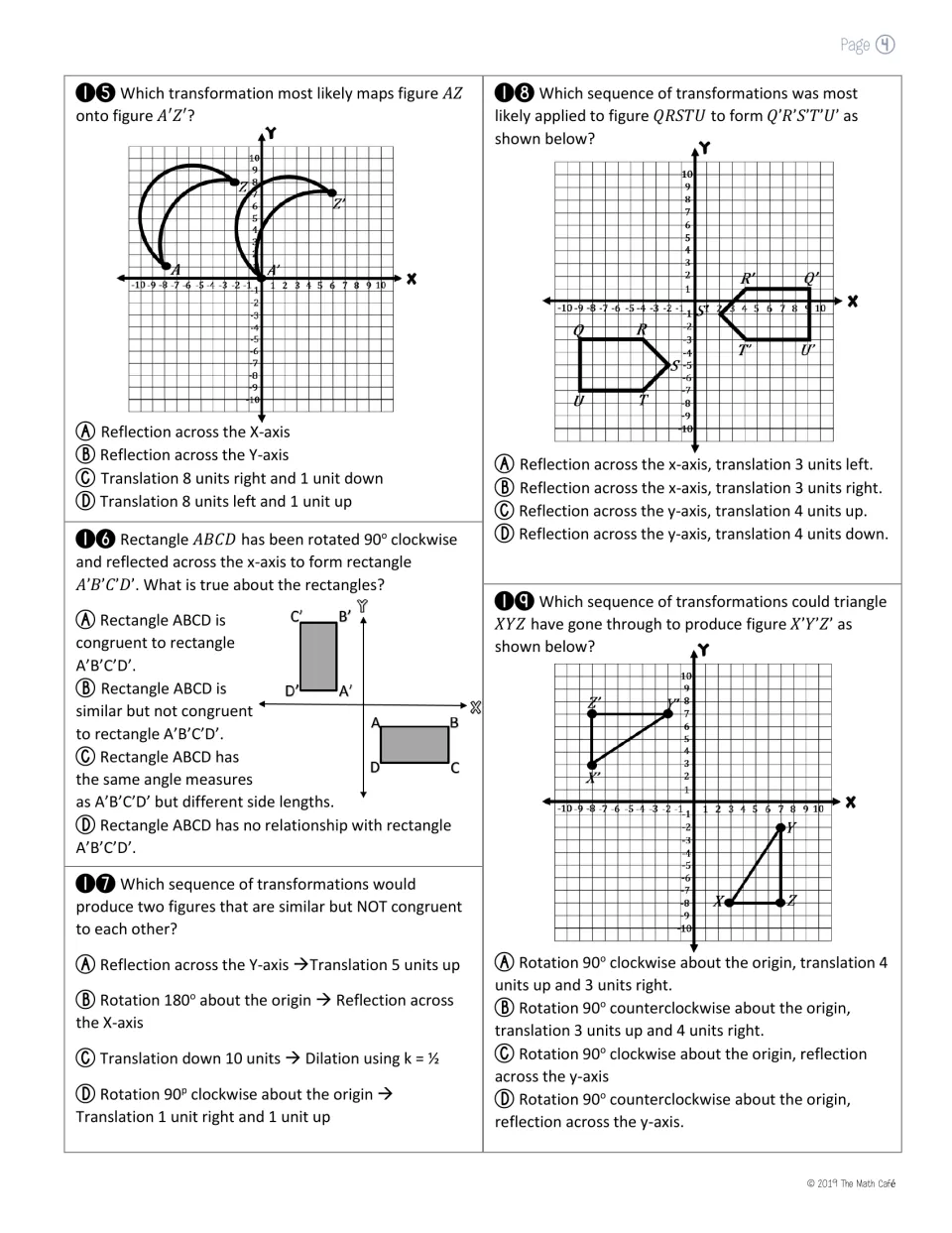 Sequences of transformations, questions 15-19: students identify rotation, reflection and translation steps on graphs