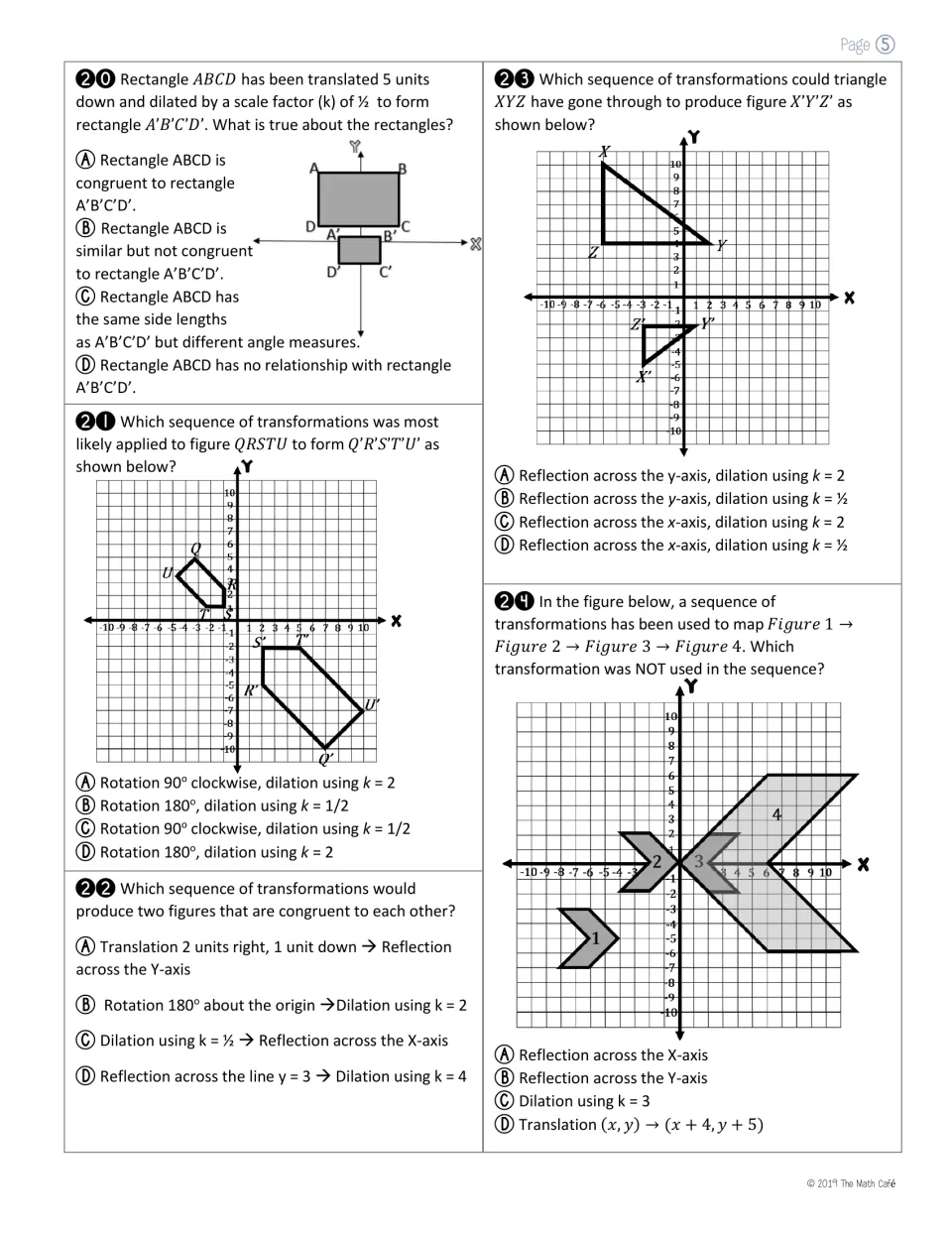 Congruent or similar figures, questions 20-24: students pick transformation sequences, including dilations by k = 2 or ½