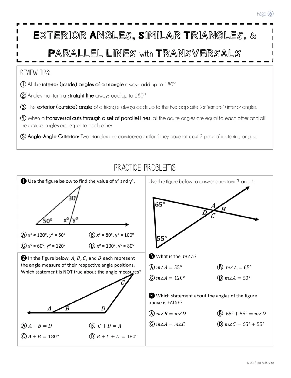 Exterior angles, similar triangles and transversals: review tips, then students find x and y and angle measures