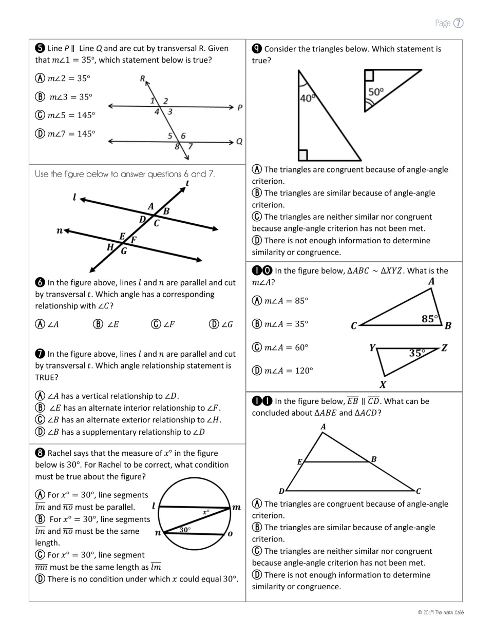 Parallel lines and transversals: students identify corresponding and alternate pairs, then decide if triangles are similar