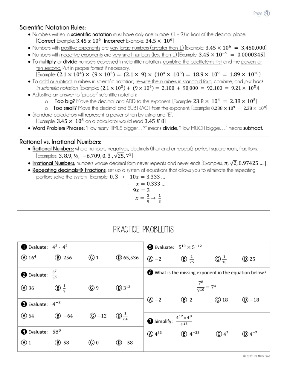 Scientific notation and rational vs. irrational rules, then students evaluate 7 exponent expressions
