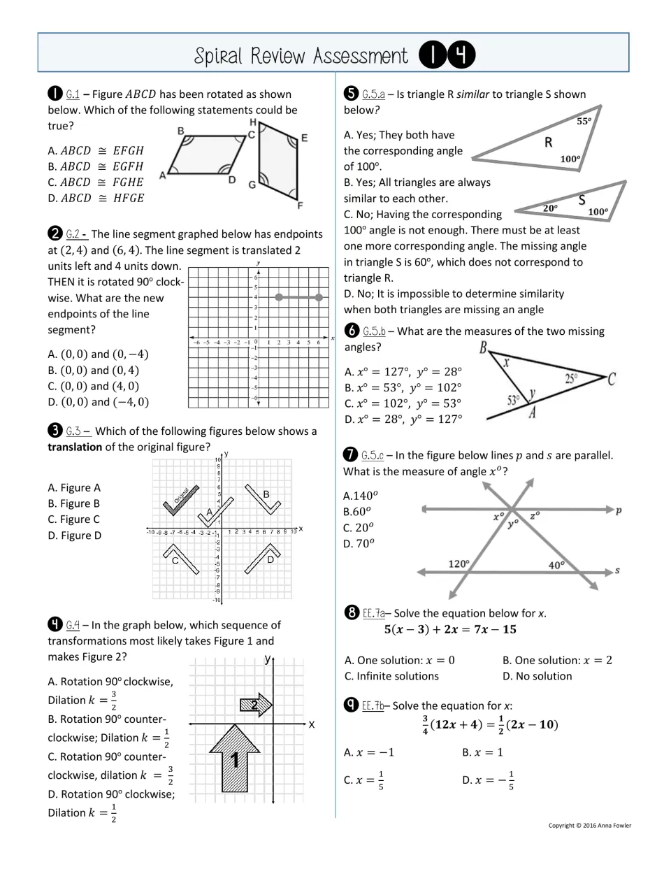 Assessment 14, questions 1–9: transformations, triangle similarity, angle measures, and linear equations