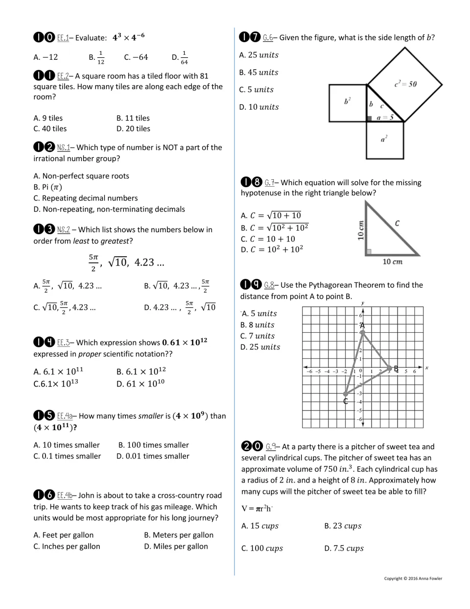 Assessment 14, questions 10–20: exponents, irrational numbers, scientific notation, and right triangles