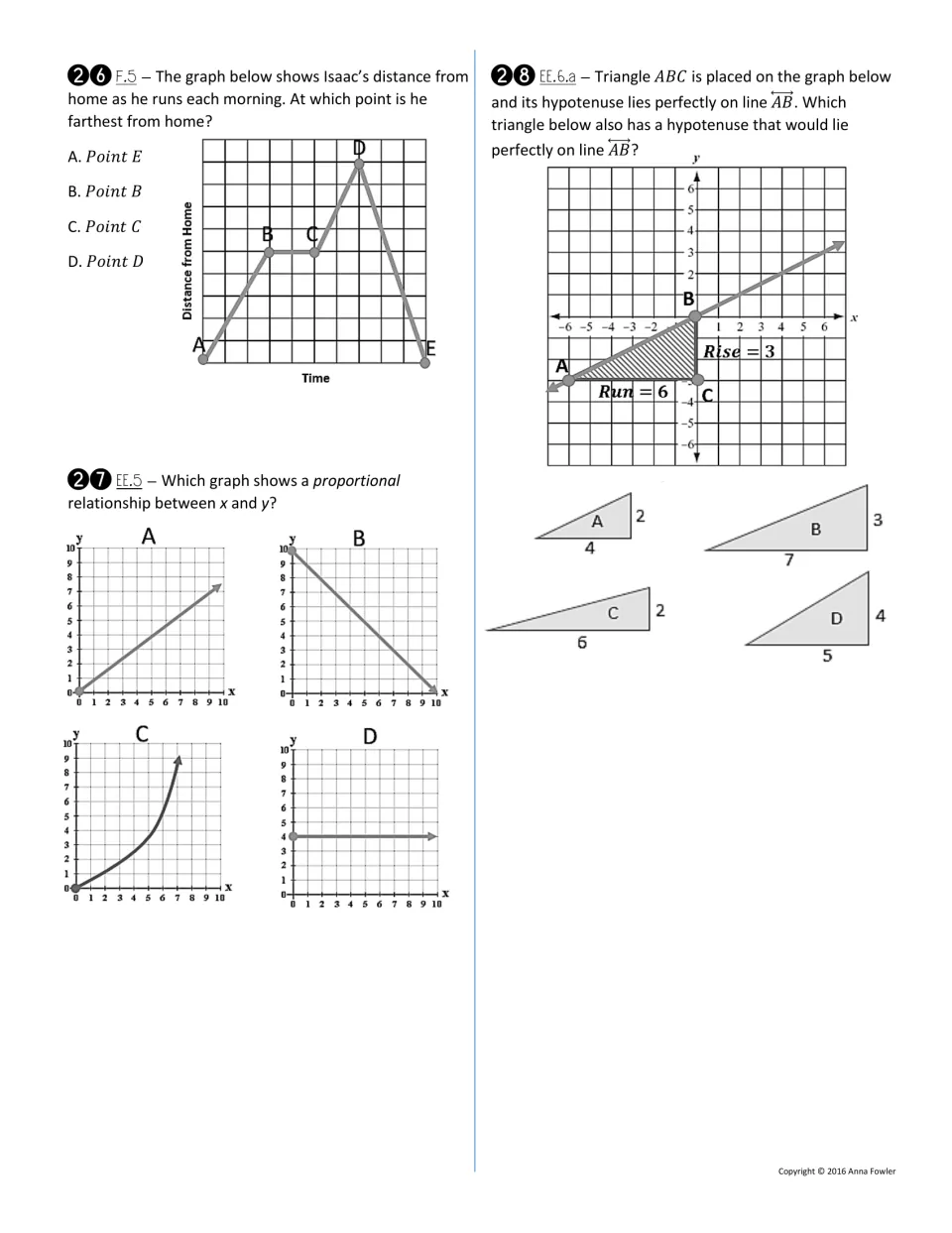 Assessment 14, questions 26–28: distance from home, proportional relationships, and triangle rise and run