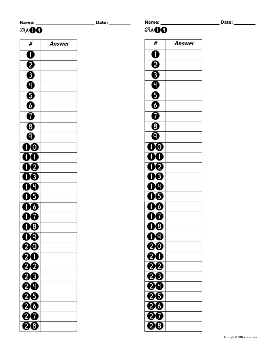 Assessment 14 student answer sheets, printed twice, with name and date spaces and entries numbered 1–28