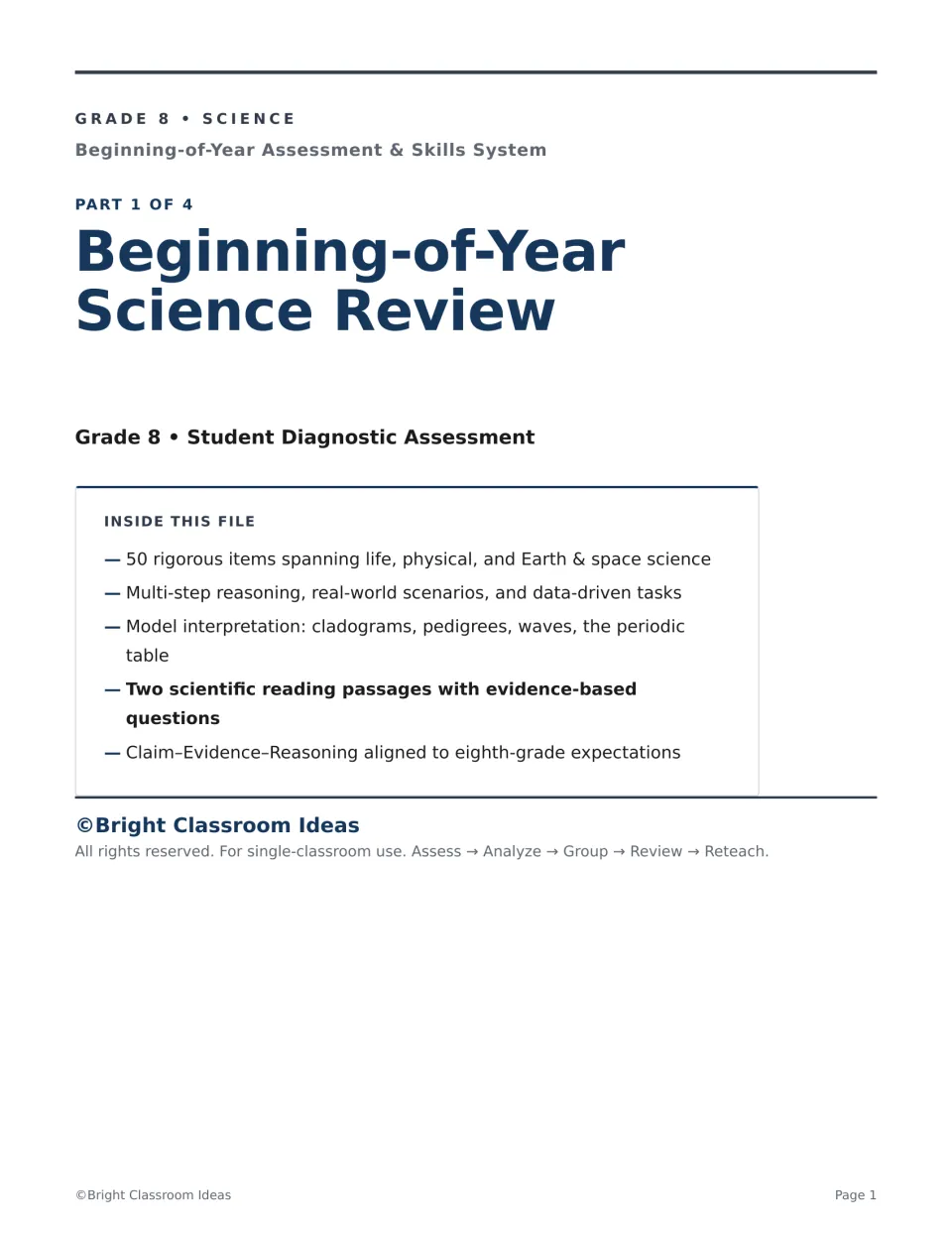 Beginning-of-Year Science Review cover, Part 1 of 4: 50 items on life, physical, Earth and space science, two passages