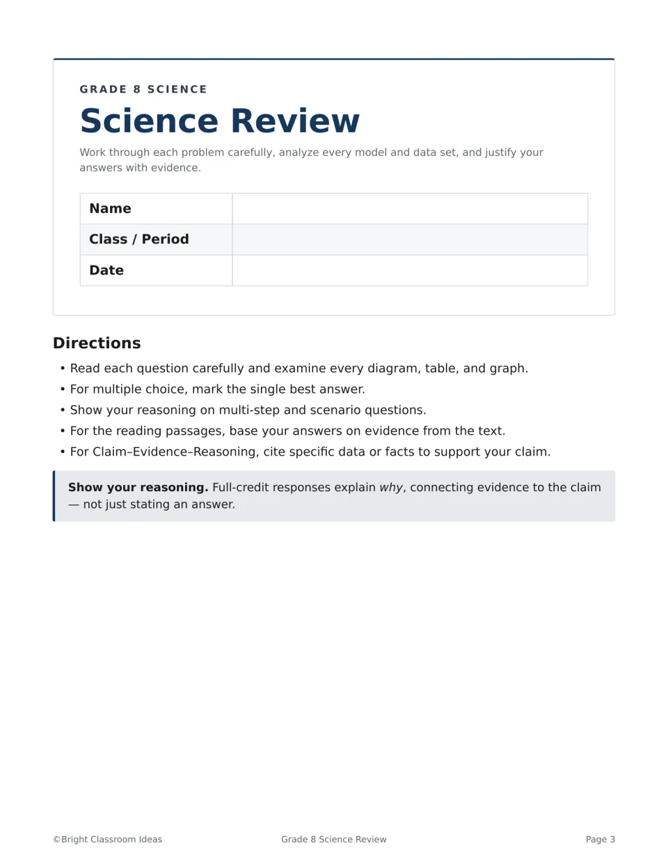 Science Review student cover sheet with name, class and date fields and directions on showing reasoning and citing evidence