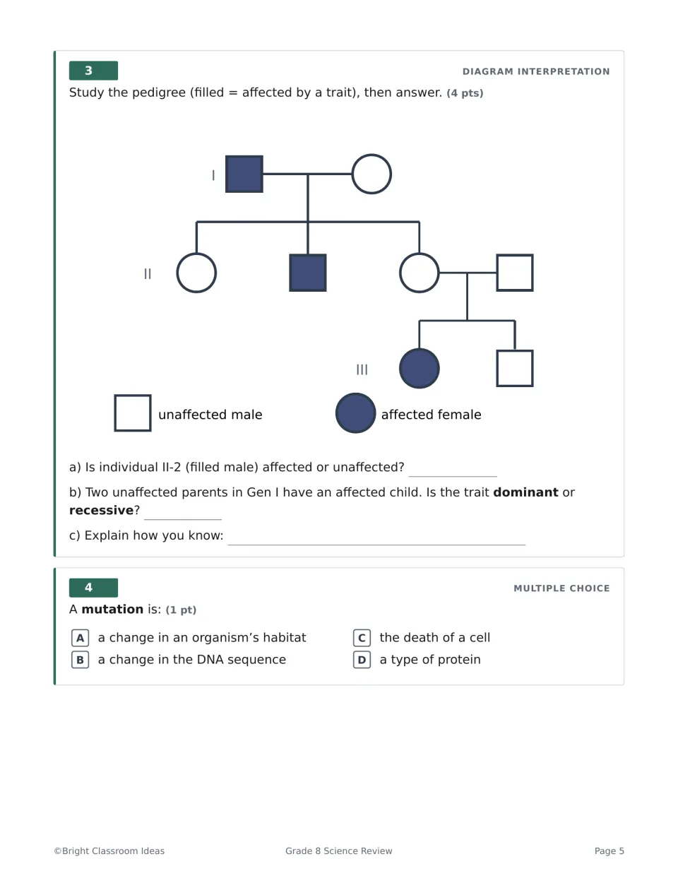 Genetics Q3-4: students read a three-generation pedigree to decide if a trait is dominant or recessive, then define mutation