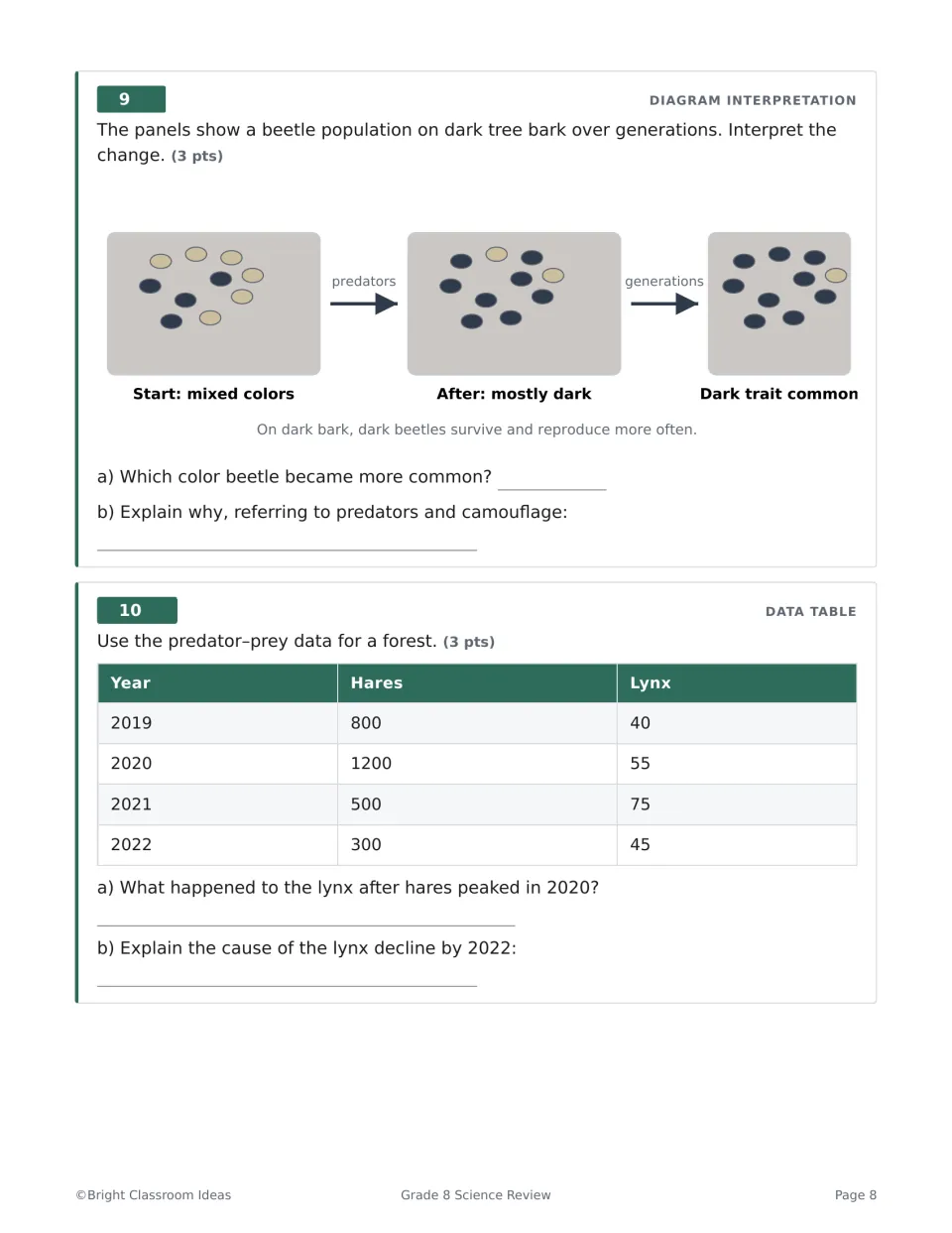 Populations Q9-10: students interpret beetle color change on dark bark and analyze hare and lynx counts from 2019 to 2022